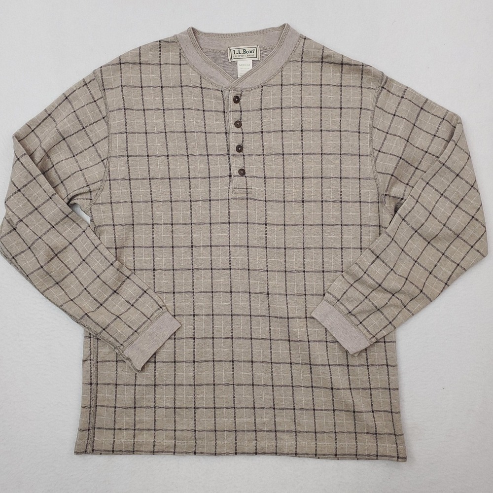 Vintage LL Bean Shirt Men M Beige Plaid Henley Thermal Knit Long Sleeve USA Made